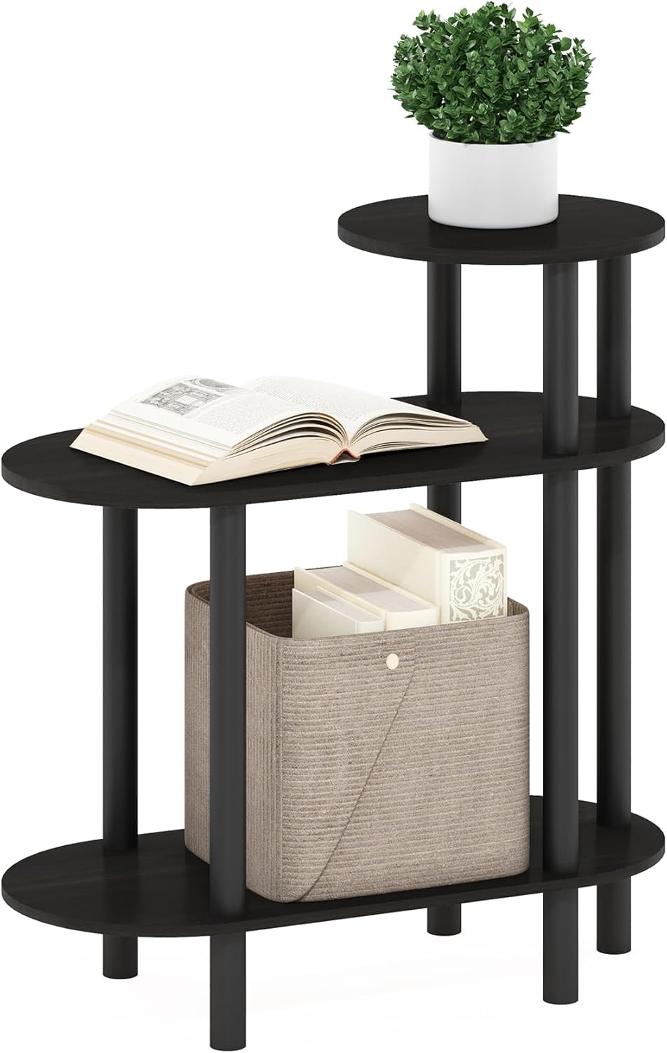 Furinno Turn-N-Tube Side Table, 3-Tier Oval Sofa End Table with Open Shelf, Toolless Assembly Night Stand, Bedside Table, for Living Room, Bedroom, Dark Espresso