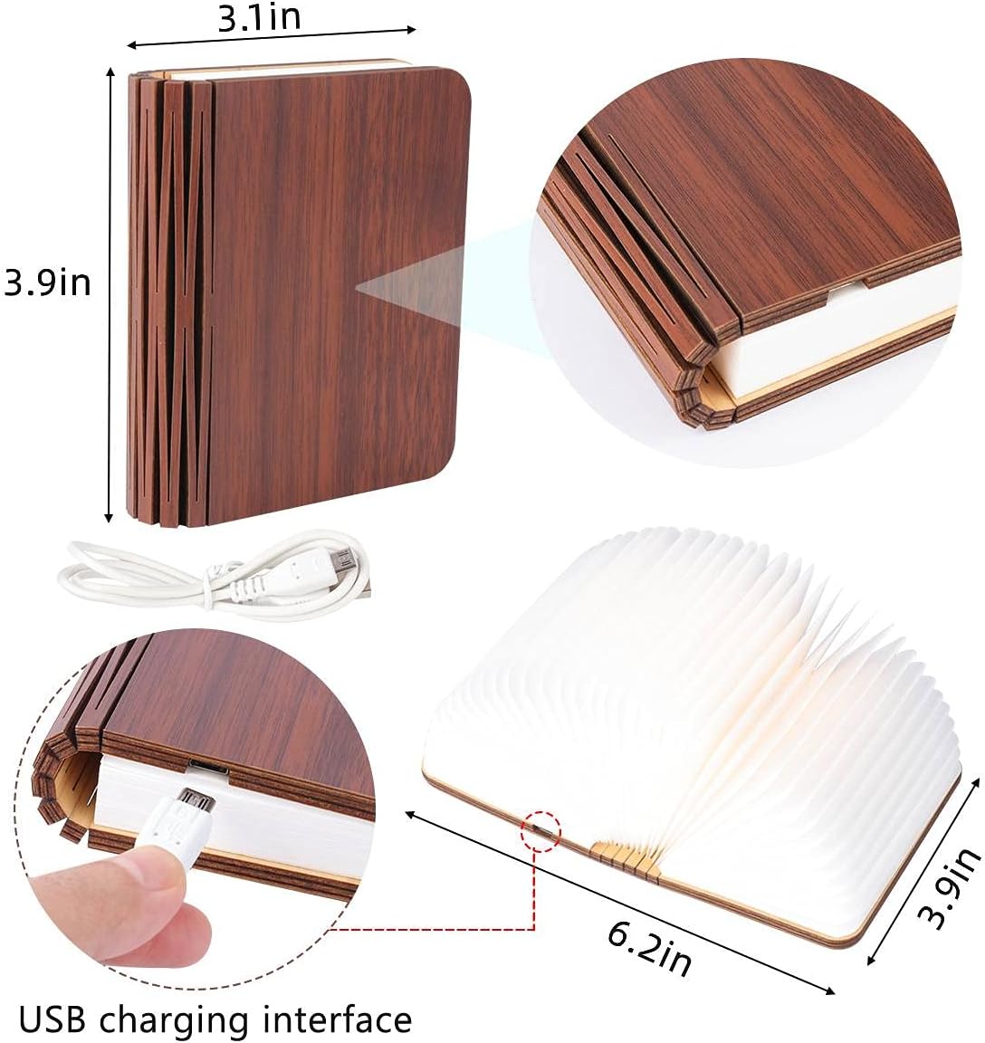 XIUDI 8 Colors Mini Folding Book Lamp,Portable Wooden Book Lights,Desk Light,Novelty LED Paper Lantern with USB Rechargeable Night Light,Unique Gifts for Book Lovers,Mini Wood (Size3.9×3.1×1in)