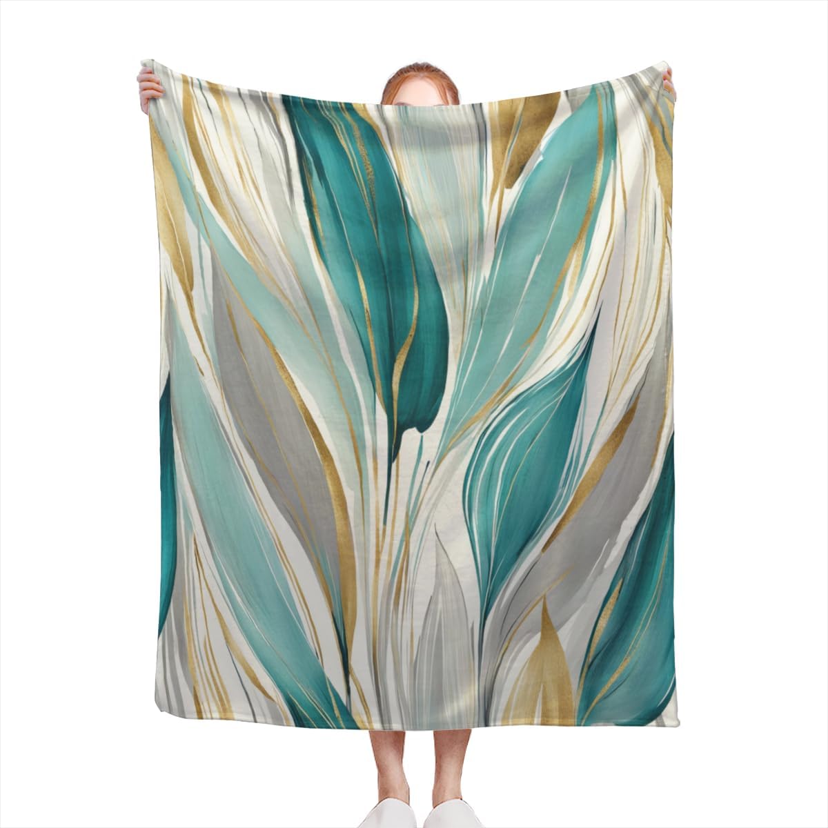 Soft Throw Blanket Watercolor Paint Strokes Pattern Abstract Gold Beige Teal Blue Grey Print Design Lightweight Blanket for Beds, Sofas & Couches - All Seasons Home Décor