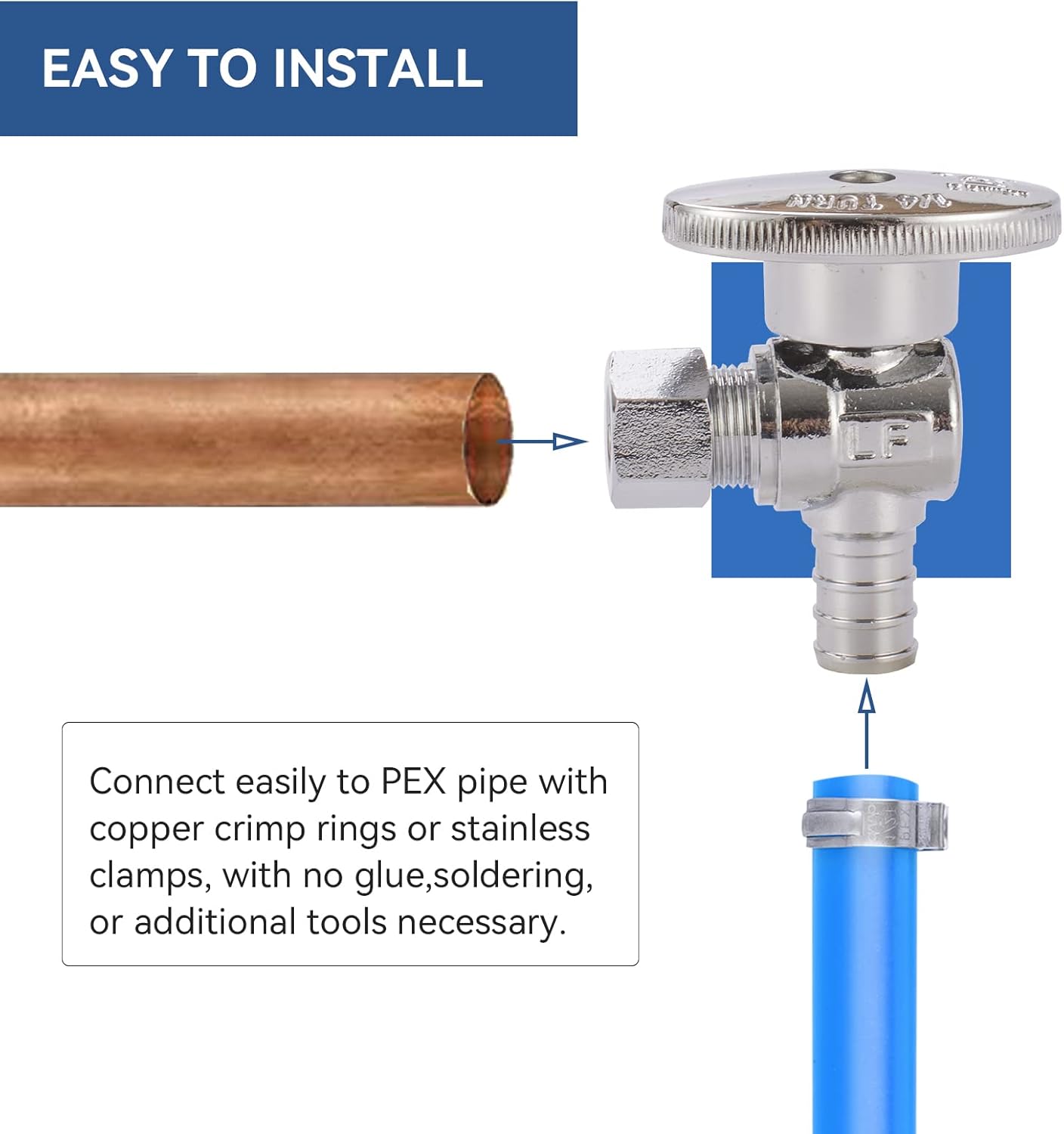 Angle Stop Valve,1/2 Inch Pex X 3/8 Inch OD Compression Angle Shut-off Valve with 1/4 Turn on/off (Pack of 10,ASTM F1807)(VALVE076-10Pack)