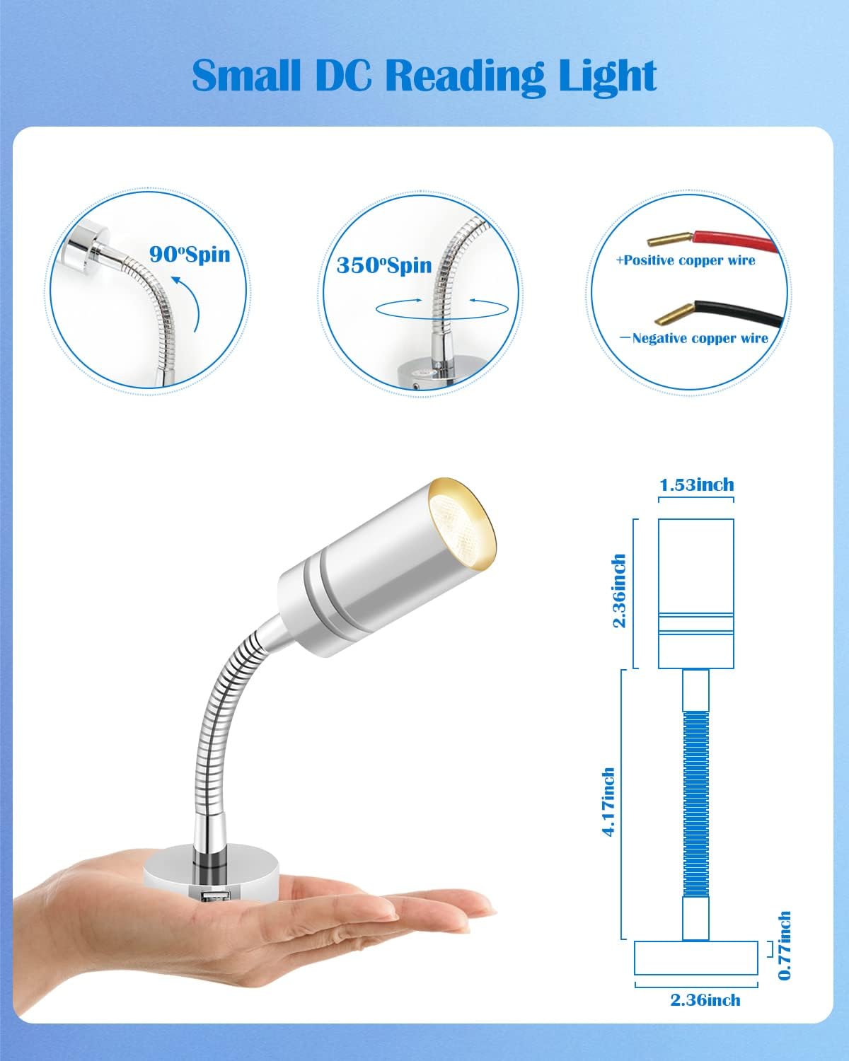 THALASSA 12V Short Gooseneck Light With 5V USB Port - Boat Reading Lamp Adjustable Warm White Spotlight with Dimmable Touch Switch Designed for RV, Caravans, Boats, Motor Homes Inside as Bedside Light