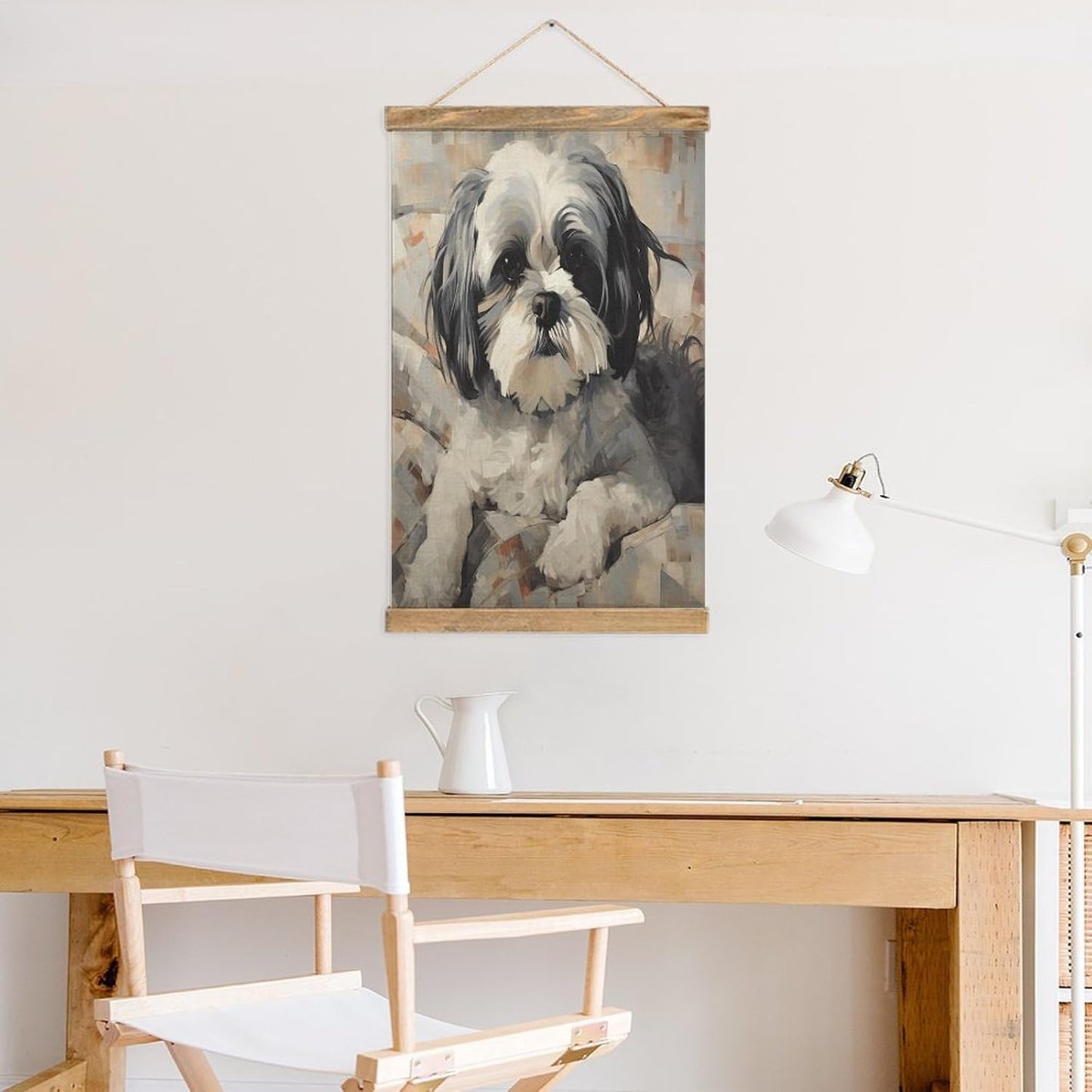 Vintage Shih Tzu Poster with Wooden Frame Personalized Linen Hanging Scroll Painting Rustic Wall Hanging Illustrative Modern Artwork Decor for Home Living Room Bedroom Office