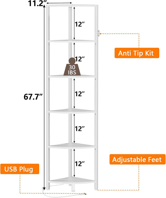 Furnulem 6 Tier Corner Shelf with LED Light, 67.5” Tall Standing Shelf Organizer, White Narrow Bookshelf with Storage Rack for Wall Corner, Living Room, Bedroom, Metal Frame, Wood Display Shelf