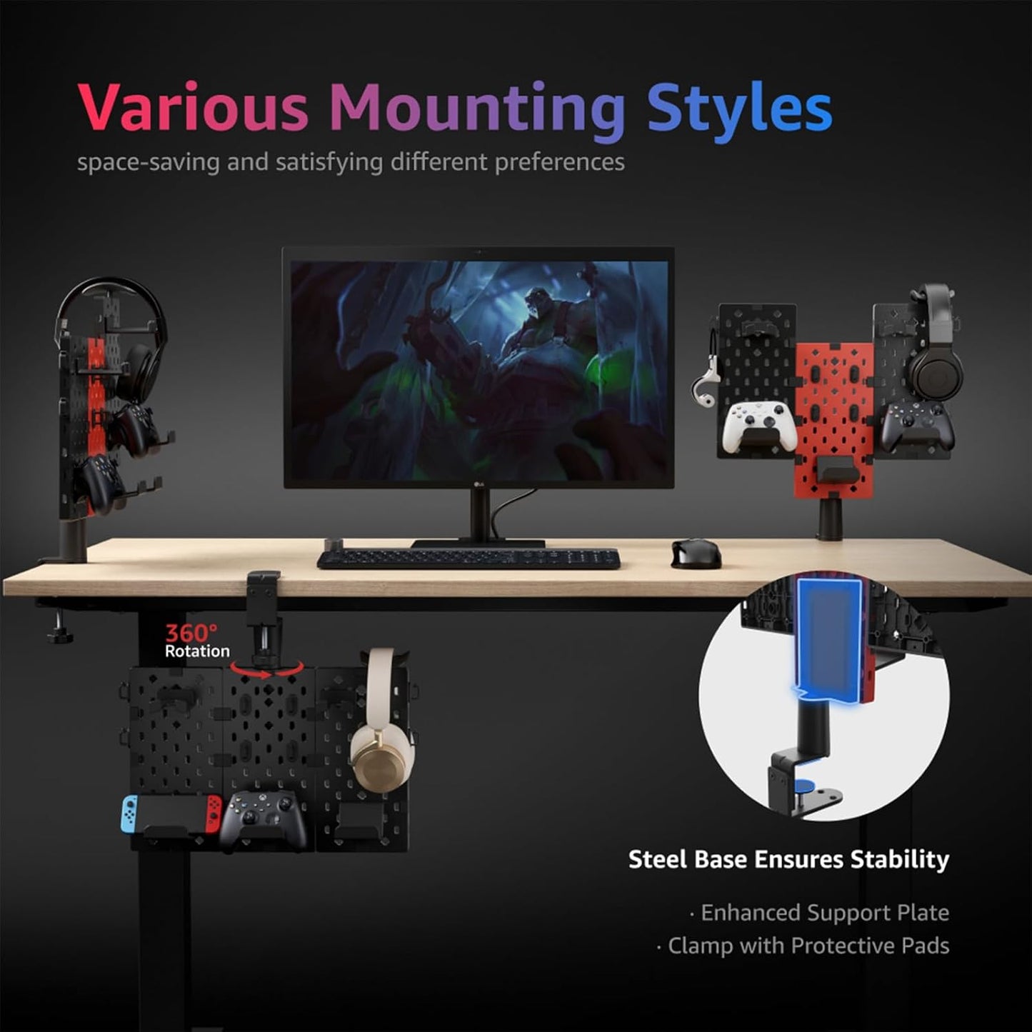 PEGZONE 3PCS Modular Headphone and Controller Holder for Game, Clamp-on Pegboard, Rotatable Controller Stand with Cable Hooks, Gaming Accessories, 3Pcs Pegboard, Black