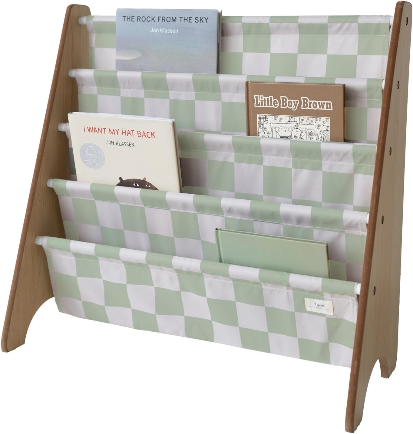 3 Sprouts Kids Bookshelf with Recycled Fabric - 4-Tier Sling Storage for Kids Rooms Holds 35 Titles - Toddler Organizer for Ages 3+ - Checkered Green