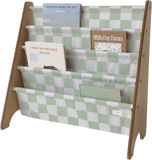 3 Sprouts Kids Bookshelf with Recycled Fabric - 4-Tier Sling Storage for Kids Rooms Holds 35 Titles - Toddler Organizer for Ages 3+ - Checkered Green