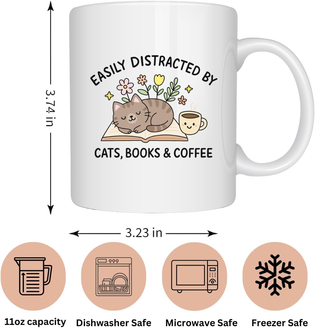 EZCLASSY-Cute Cat Books Coffee Mug – Funny Reading Lover Gift for Women, Cat Moms & Bookworms, Cozy 11oz Ceramic Cup for Home Office