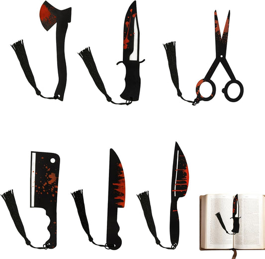 6Pcs Horror Novelty Bookmark Set, Fake Knife Shapes with Blood Stain Gothic Book Accessories Dark Romance Acrylic Page Holders with Black Tassels Halloween Craft