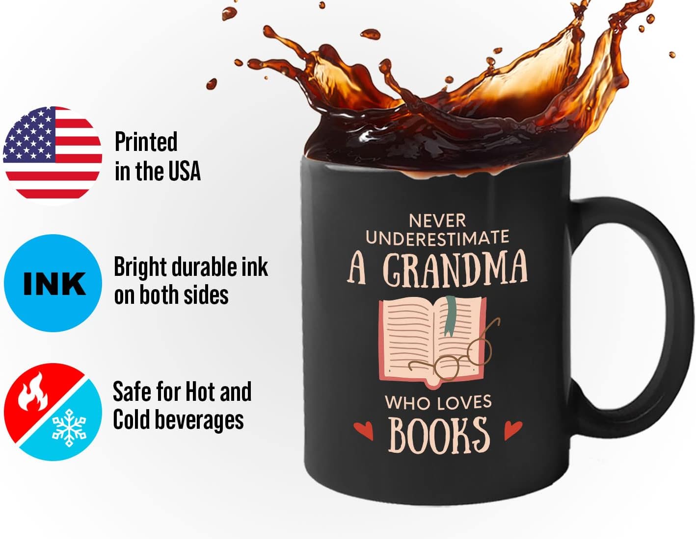 Bubble Hugs Book Lover Coffee Mug 11oz Black - Never Underestimate Grandma - Reading Reader Old Lady Book Lover Bookish Novelist Librarian Writer