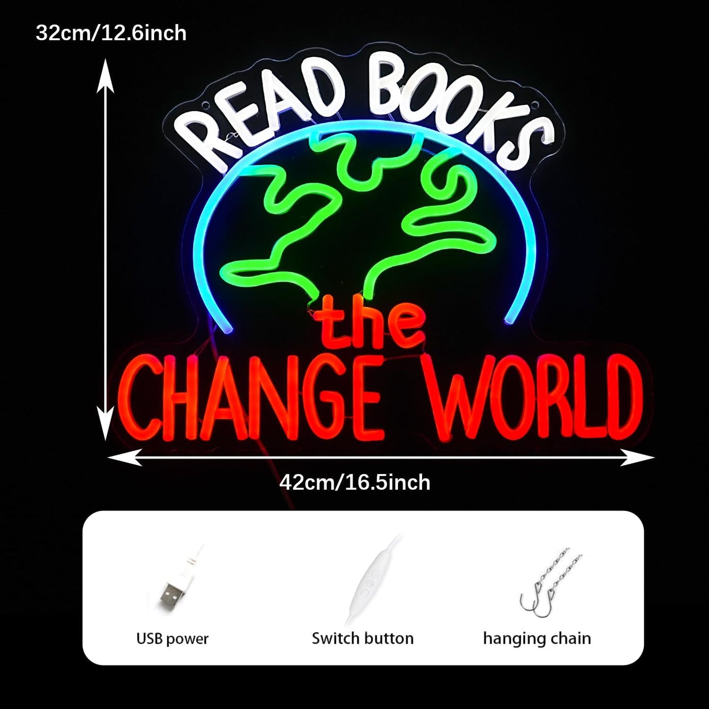 Read Books Change The World Neon Sign World LED Neon Light Powered by USB Dimmable Read Books Light Up Sign for School Classroom Bookstore Library Museum Study Room Wall Decor(16.5 * 12.6In)