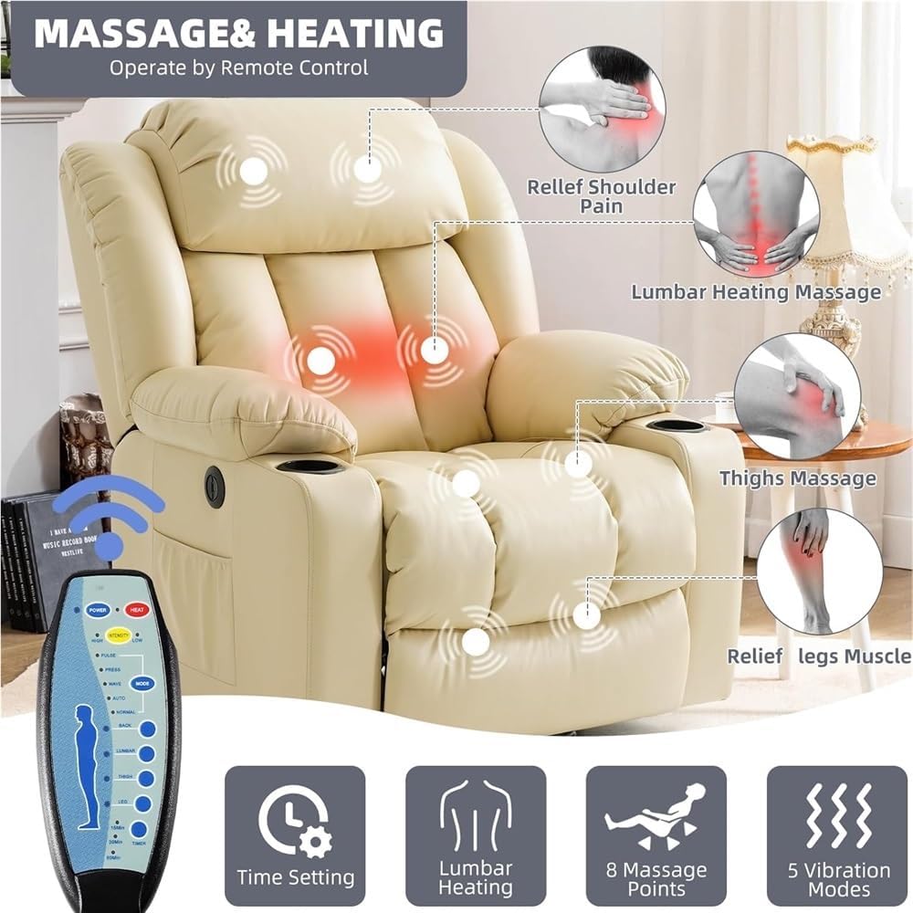 Adjustable Power Lift Recliner Chair, Heavy Duty Electric Massage Sofa with Heat, PU Leather Reclining Seat with Remote Control, Cup Holders, USB Port, Side Pockets
