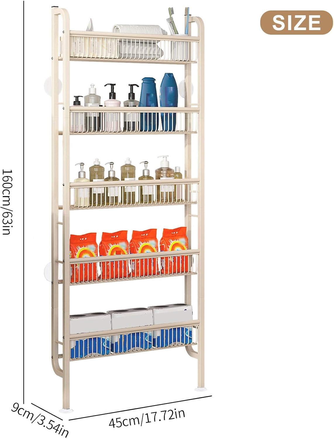 Behind The Door Bathroom Shelf Narrow 5-Tier, Slim Space-Saving Storage Shelf, Freestanding Narrow Shelving Unit for Bathroom, Kitchen, Closet and Laundry Room