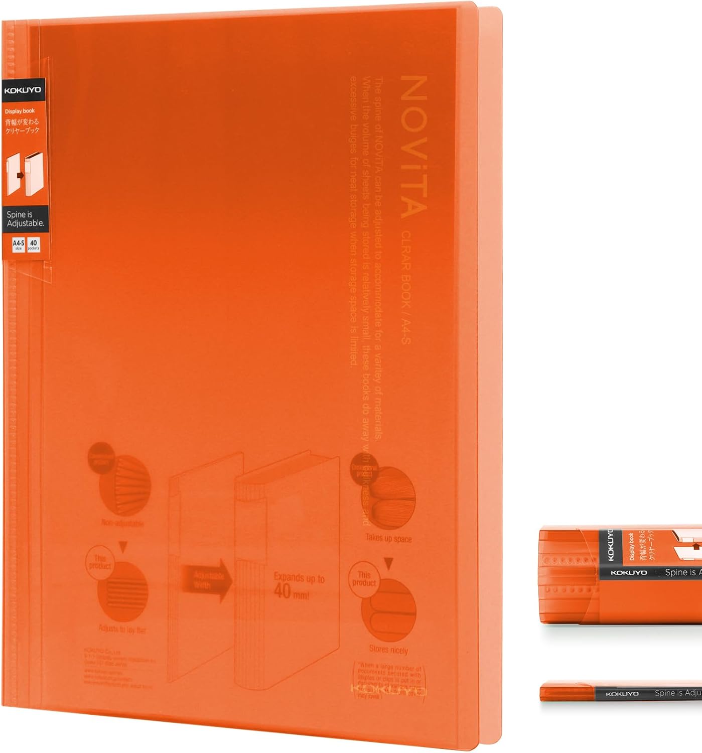 Kokuyo 20-Pocket Binder with Plastic Sleeves 8.5"x11" (Orange), A4 and US Letter Expandable Art Portfolio Folder with Clear Sheet Protectors. 40 Pages of Presentation Display Book. (RA-N20YR)