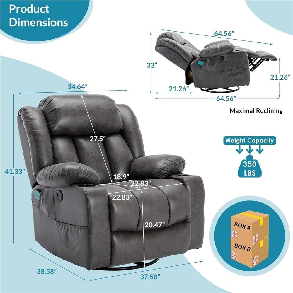 Power Swivel Glider Recliner with Lumbar Heat & Vibration Massage, Large Electric Rocking Chair with USB Ports, Cup Holder & Side Pockets – Home Theater Recliner for Living Room