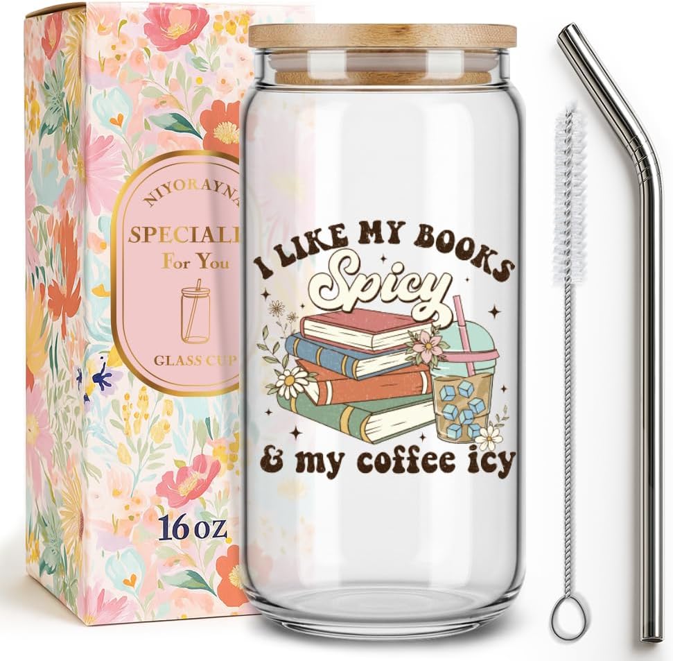 Funny Coffee Glass Cup Bookish Gifts for Women Mom Friend Book Lover Librarian,Book Themed Cute Drinking Glass Cup with Lids Straws,Reading Gifts for Birthday,I Like My Books Spicy & My Coffee Icy -8