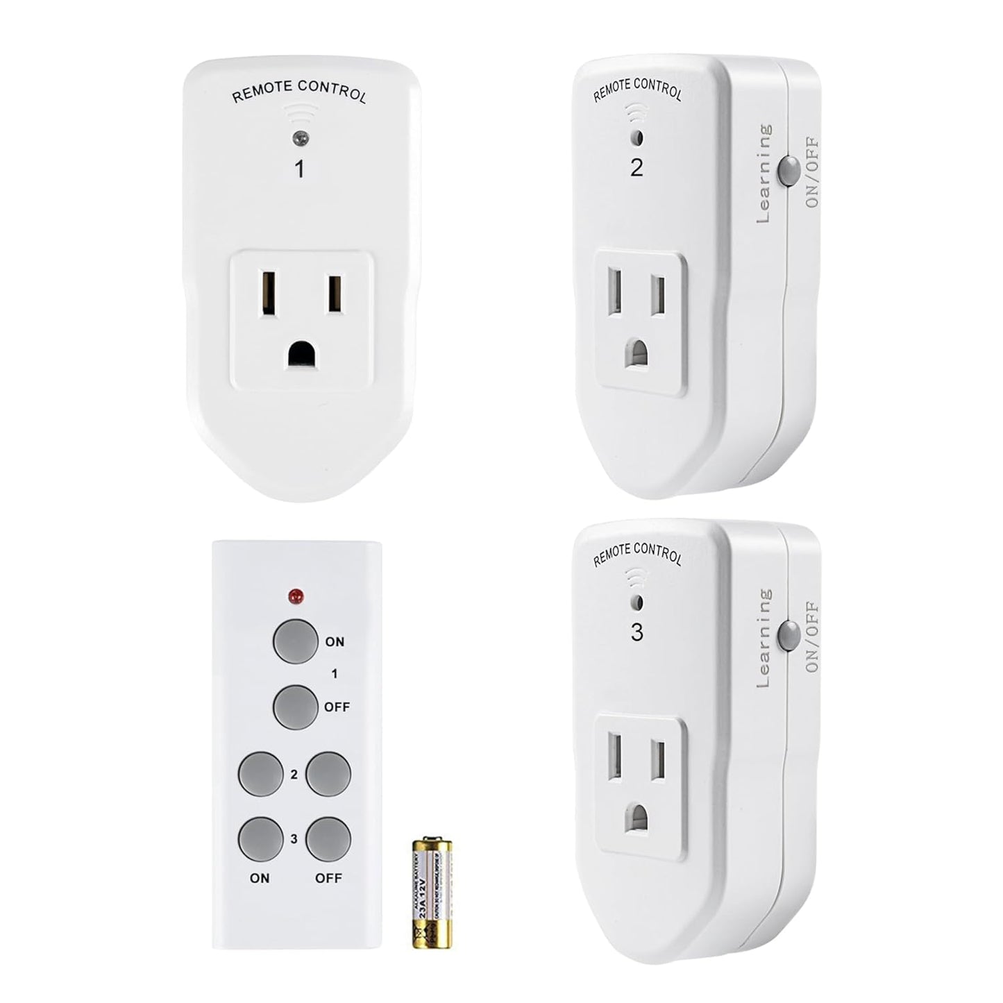 BN-LINK Wireless Remote Control Outlet Electrical Switch for Lights, Fans, Christmas Lights, Small Appliance, 100ft Long Range White (Learning Code, 3Rx-2Tx) 1200W/10A, ETL & FCC Certified