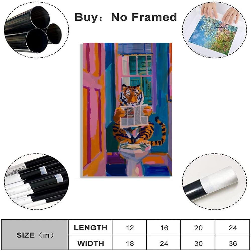 TcnBzydkij Funny Tiger Poster Minimalist Bathroom Wall Art Print Stylish Decor Reading Newspaper Dopamine Pink Kitsch Aesthetic Preppy Canvas 12x18inch Unframed