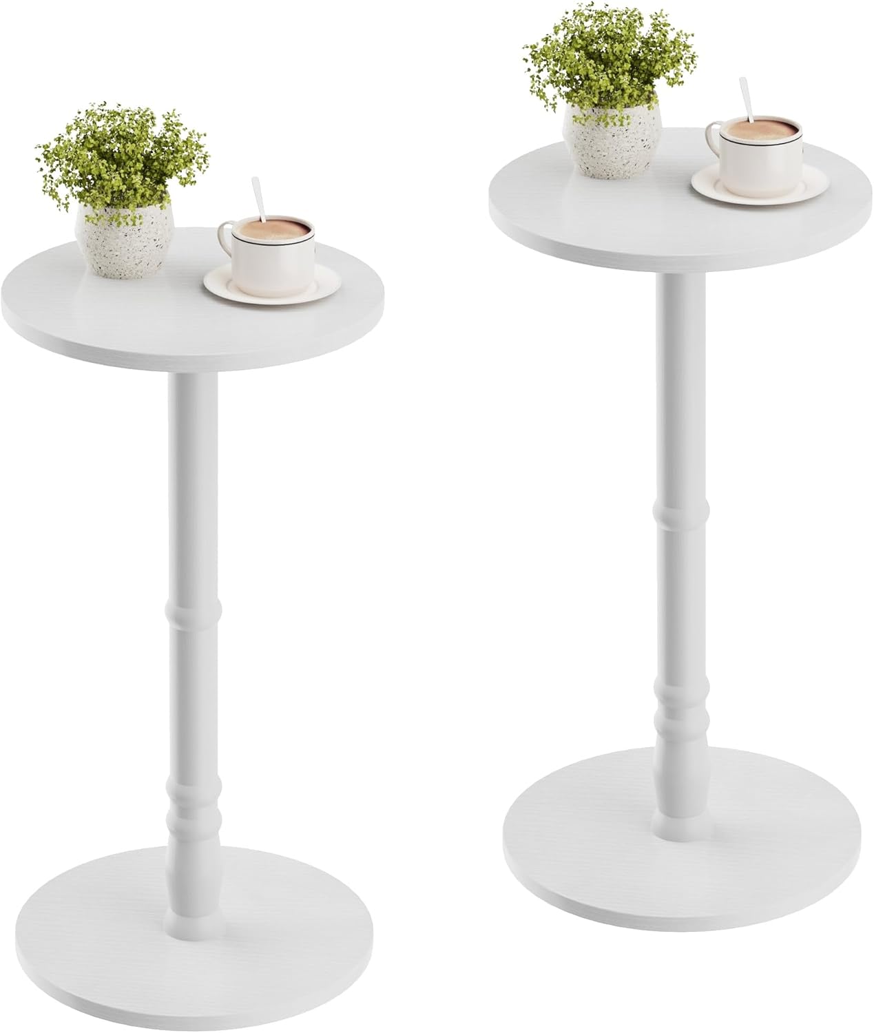 12" Round Side Tables Set of 2, Solid Wood Pillar with Wood Top & Base, Small Drink Accent Table for Living Room, Bedroom, Sofa & Office, Easy Assembly, White