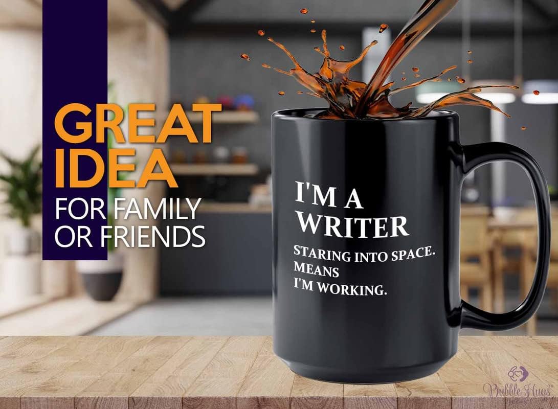 Bubble Hugs Novelist Coffee Mug 15oz Black - Working Writer B - Book Lover Author Writers Charm Creative Poets Publisher Romance Typewriter Editor Fiction