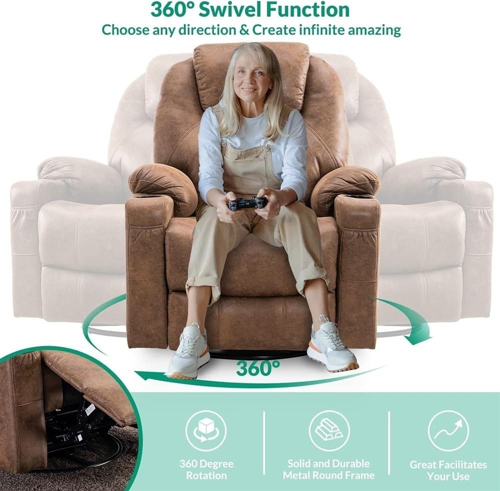 Oversized Swivel Rocker Recliner Chair with Heat and Massage, 360° Swivel Glider Recliner for Adults, Comfortable Ergonomic Reclining Chair with Cup Holders for Home Theater