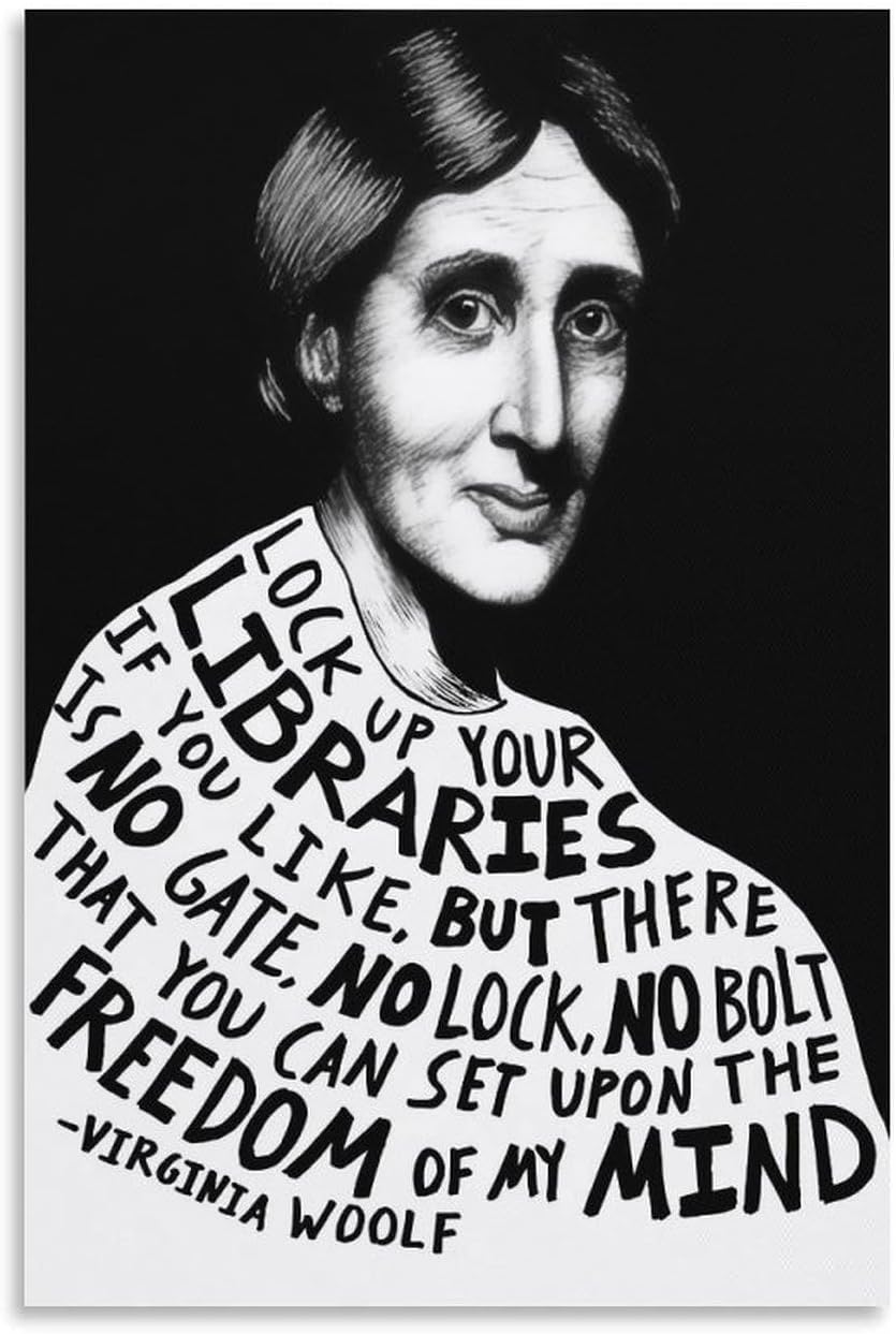 Virginia Woolf Library Freedom Quote Illustration Canvas Printing Wall Art Black White Portrait Typography Feminist Literature Prints Reading Nook Posters Book Lover Wall Decor 12x18inch(30x45cm)