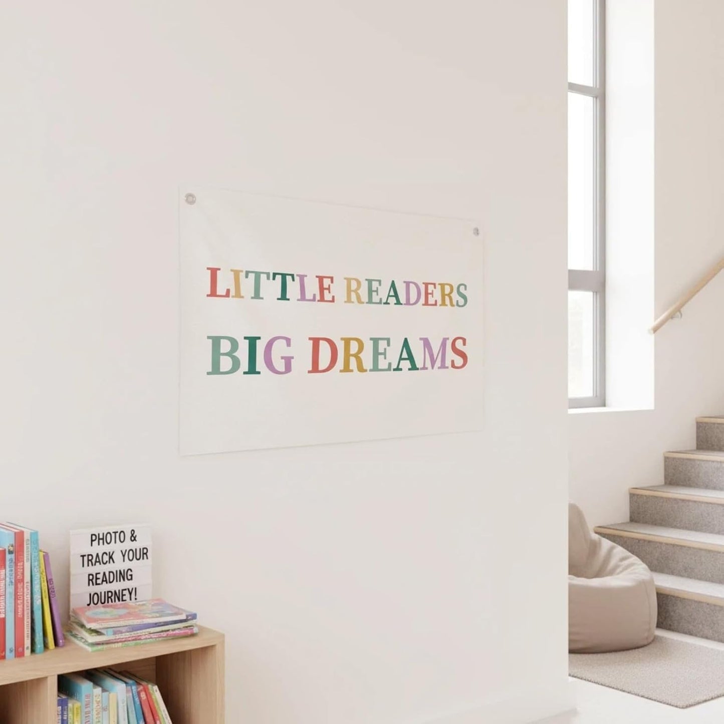 Canvas Wall Hanging Banner Flag (30"L x 20"W), "LITTLE READERS BIG DREAMS" Inspirational Quote Wall Art, Boho Minimalist Fabric Sign with Metal Grommets for Library, Classroom, Kids Room & Nursery