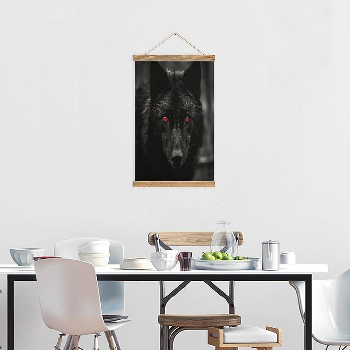 Vintage Black Red Eyed Wolf Poster with Wooden Frame Personalized Linen Hanging Scroll Painting Rustic Wall Hanging Illustrative Modern Artwork Decor for Home Living Room Bedroom Office
