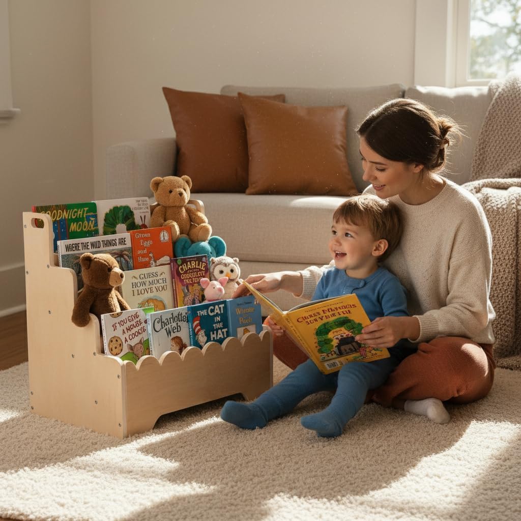 Small Wooden Bookshelf 4-Tier, Natural Pine Wood Kids Bookshelf, Scalloped Toddler Book Shelf, Baby Nursery Book Shelf, Display Front Facing Montessori Book Case for Children Room Playroom