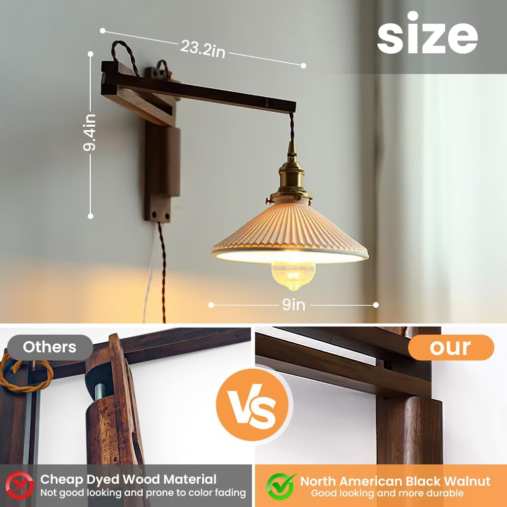 Walnut Plug in Wall Sconces,Vintage Japanese Swing Arm Wall Lamp Ceramic Shade Brass Socket for Bedroom Nightstand Bedside Reading,Bulb Included