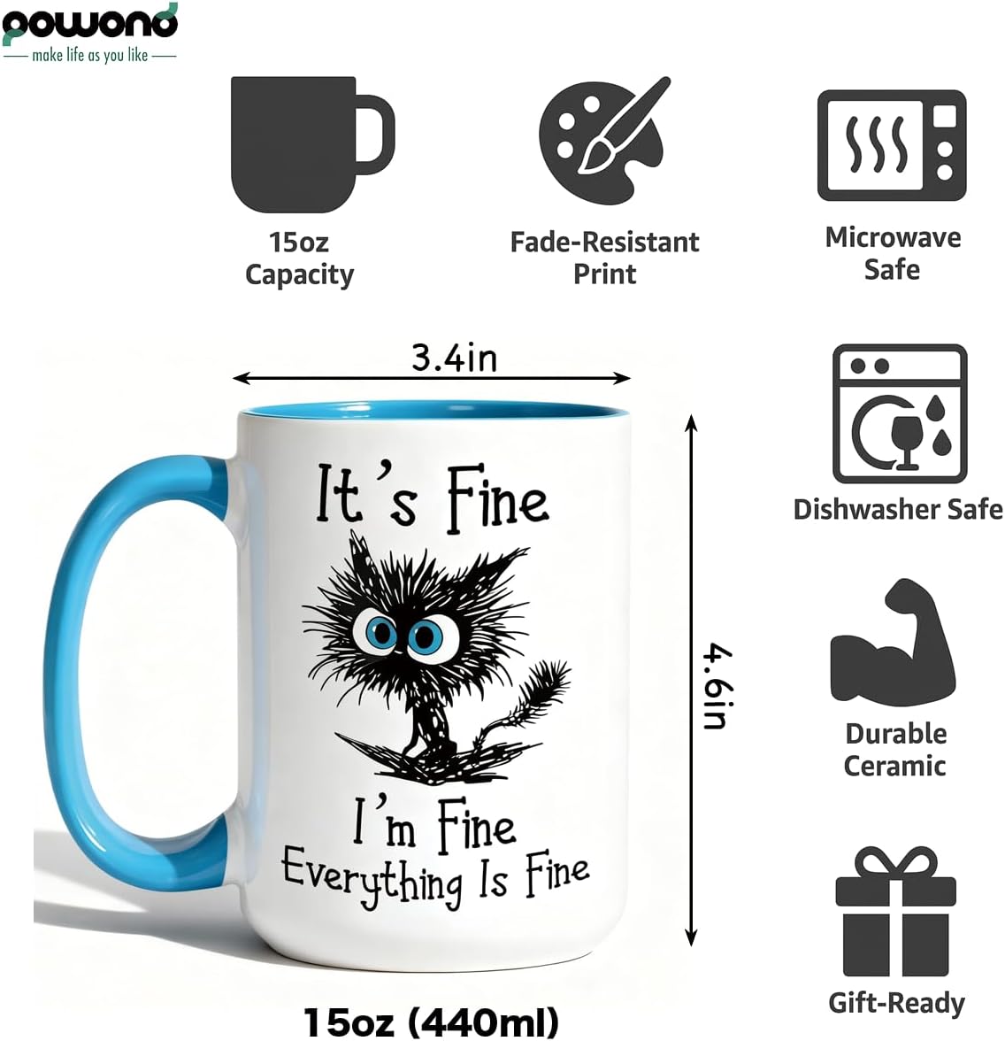 Funny Black Cat Coffee Mug – 15oz Sarcastic I am Fine Everything's Fine Cup – Big Ceramic Mug with Blue Handle – Microwave & Dishwasher Safe – Funny Gag Gift for Cat Lovers, Women, Coworkers