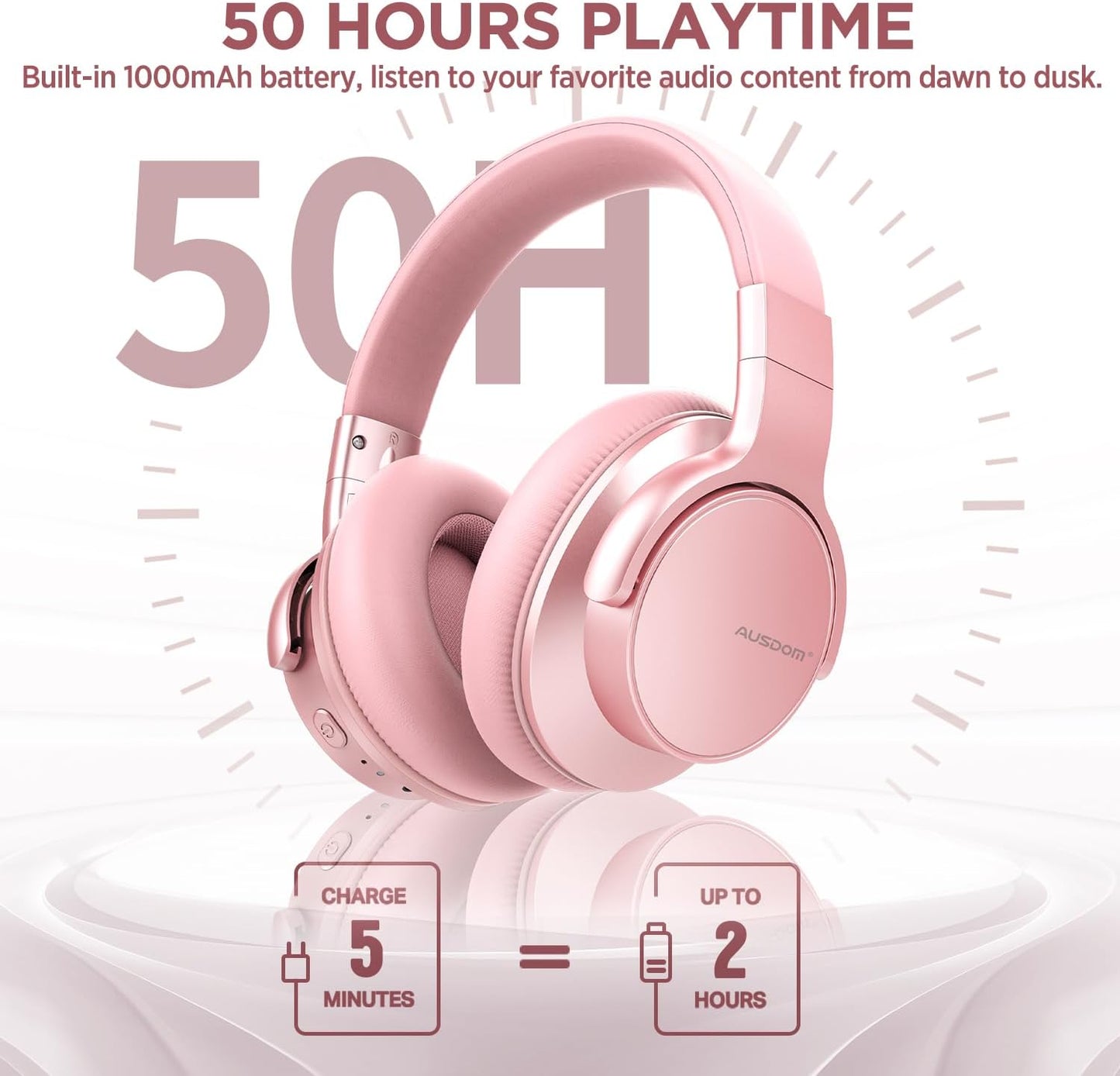 AUSDOM E7 Bluetooth Active Noise Cancelling Headphones, Wireless Over Ear ANC with Microphone, Hi-Fi Stereo Sound, 50H Playtime, Comfortable Earpads for Travel Work TV Phones, Rose Gold