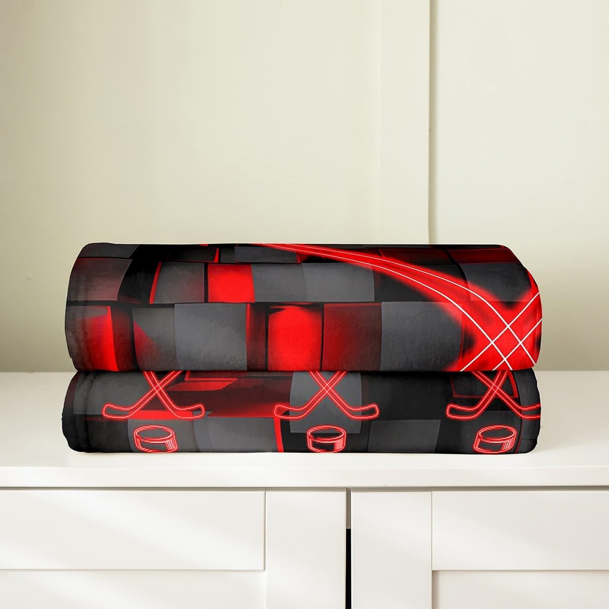Feelyou Kids Red and Black Flannel Fleece Throw Blanket Ice Hockey Fuzzy Blanket Throw 50"x60" for Boys Bedroom DecorHoneycomb All Season Bed Blanket Ombre Abstract Plush Blanket