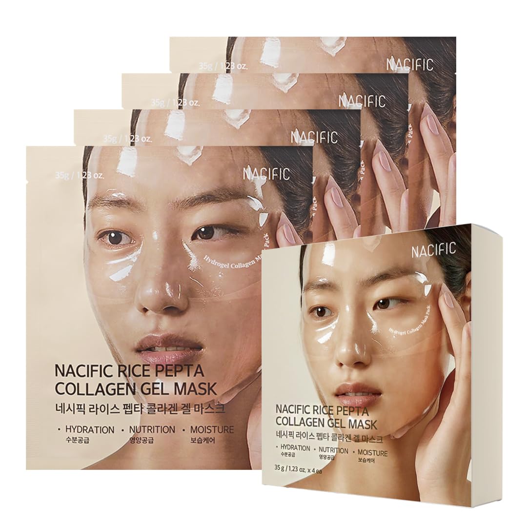 NACIFIC Rice Pepta Collagen Gel Face Mask (Rice Peptide) 4EA Set, Hydrogel Care for All Skin Types, Hydrating, Firming, Elasticity, Glass Glow Skin, Korean Beauty