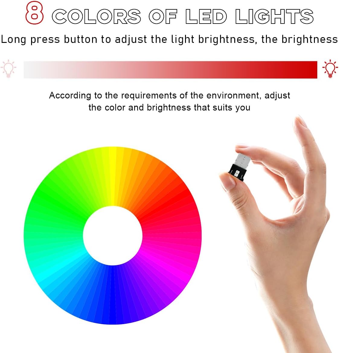 2PCS Mini USB LED Light, Portable RGB Car Interior Atmosphere Lamp, Adjustable 8 Colors Bright Plug-in USB Interface Ambient Light for Home Office Decoration, Car Accessories