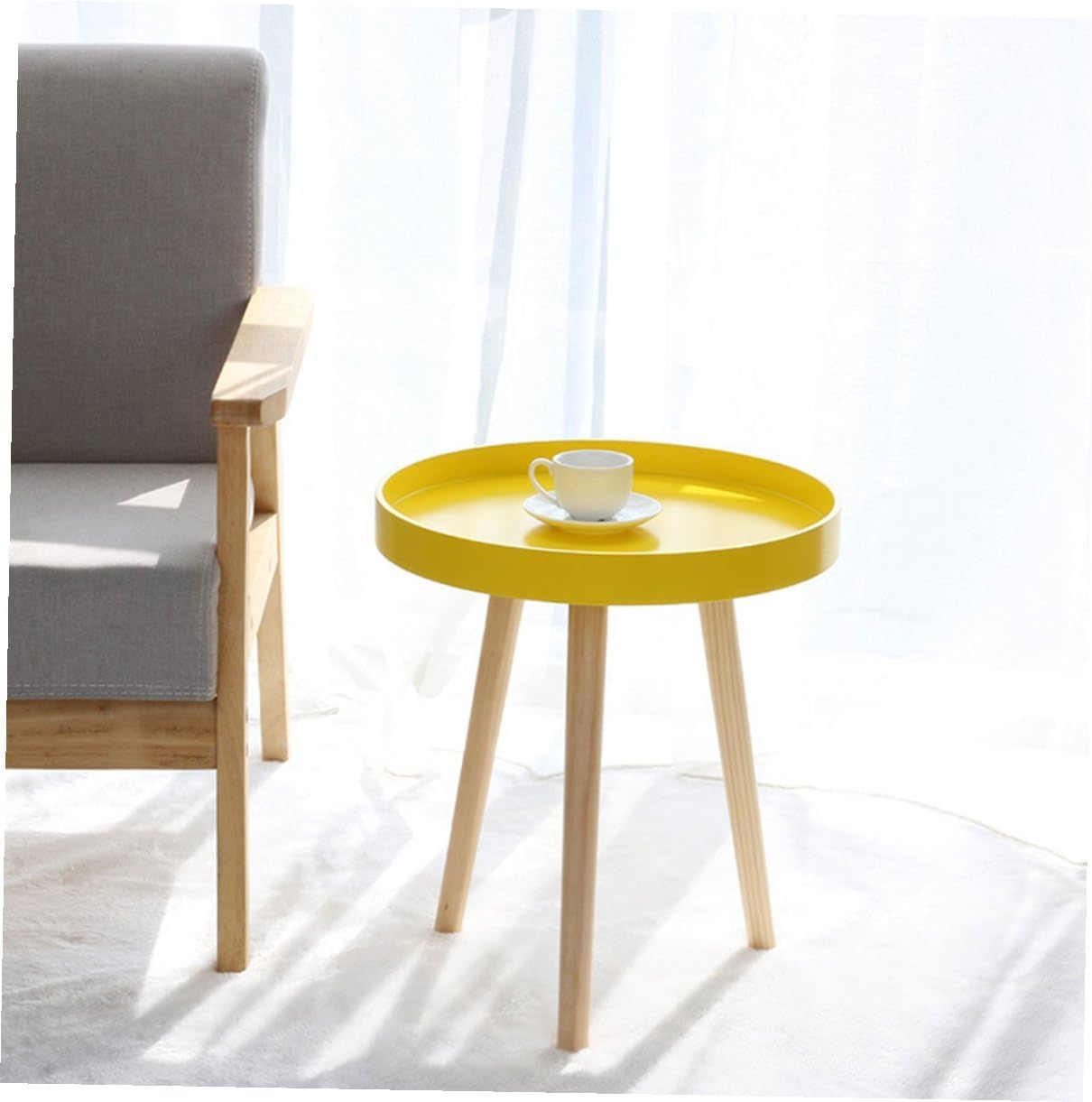 FAVOMOTO Nordic Style Mini Round Indoor Coffee Table Yellow Small Sofa Side Table with Tray Creative Household for Living Room and Bedroom