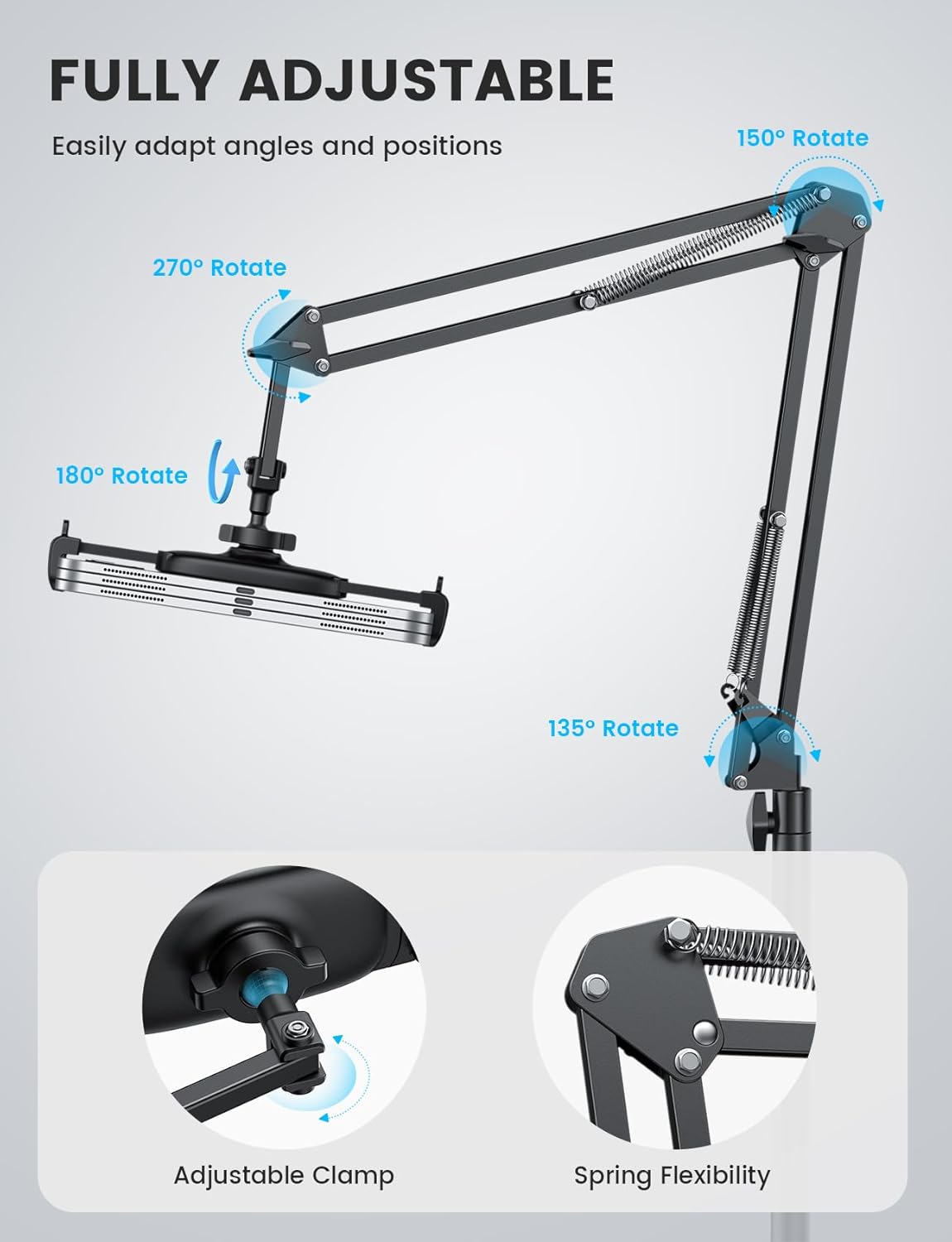 Lamicall Tablet Floor Stand Holder - [55" Height Adjustable][ Flexible Arm] 5lb Base Tablet Holder, Multi Angle Bed Mount Gifts for 4.7-13" Devices, iPad Pro Air, Tabs, E-Readers, Kindle Accessories