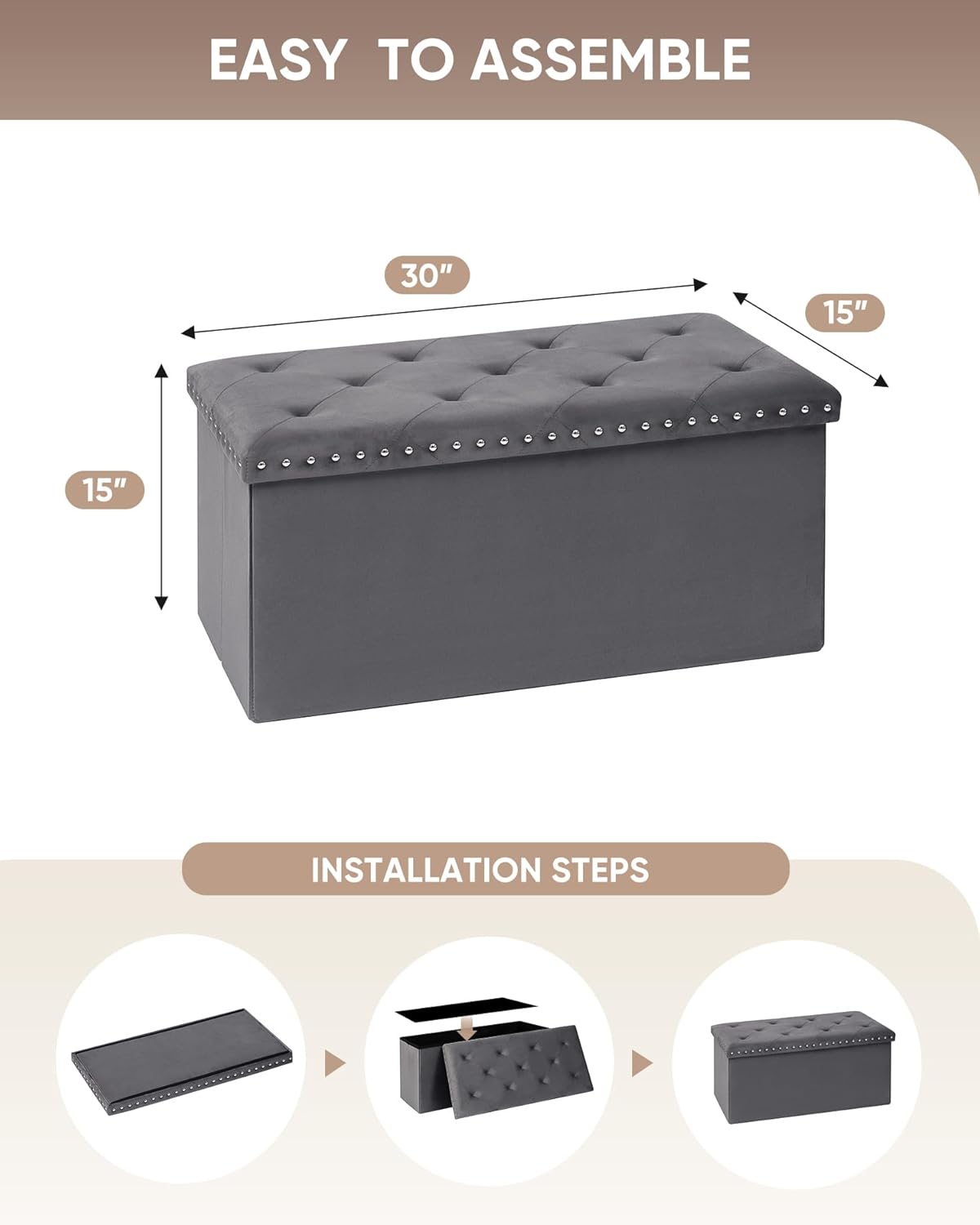 B FSOBEIIALEO Storage Ottoman Cube Folding Tufted Ottomanse, Storage Boxes Footrest for Bedroom, Luxury Velvet Fabric 30 * 15 * 15 Inches Grey