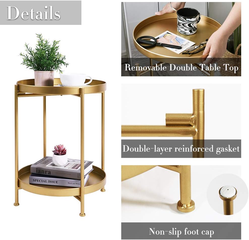 Tiita 2 Pack Round End Table Mental Side Table Nightstand/Small Wood Tables Accent Coffee Table with Wooden Tray for Living Room Bedroom Office Small Space