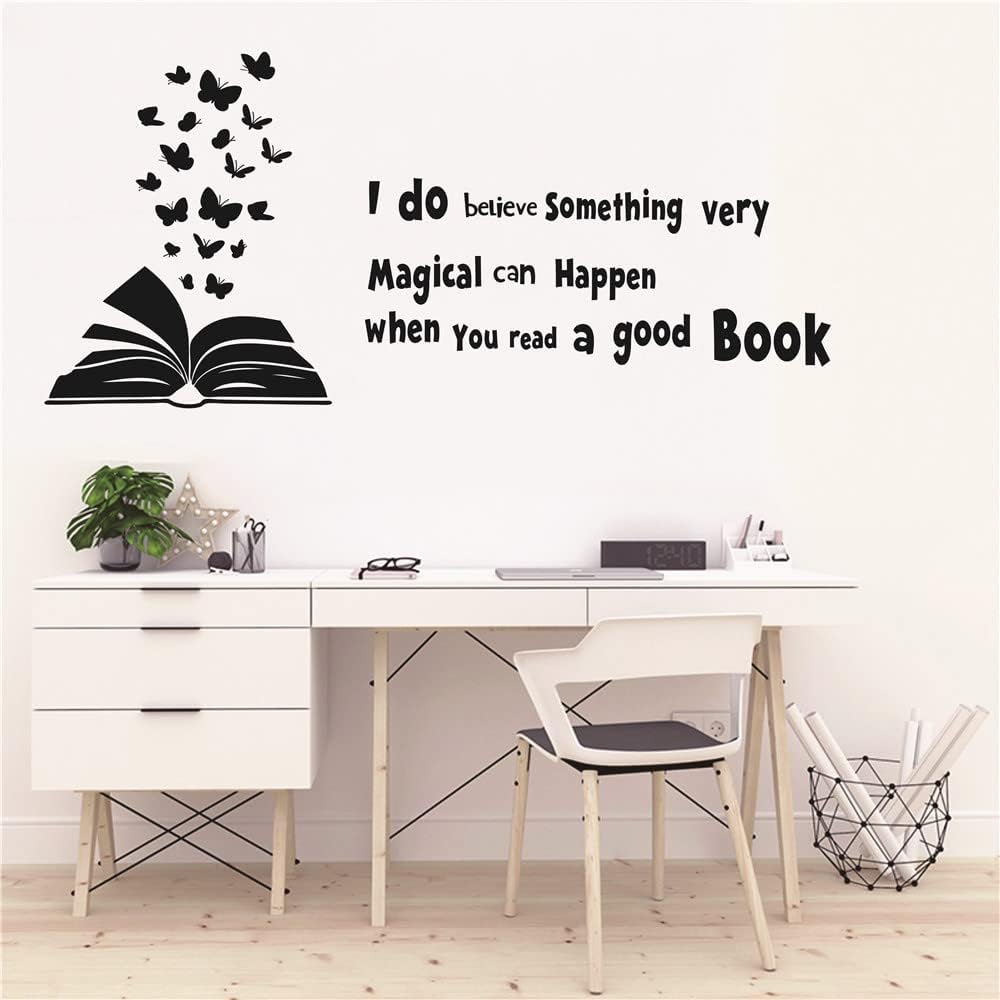 60x28 inches Reading Book Wall Decal Open Book Butterflies Reading Room Quote Wall Decoration I do Believe Something Very Magical can Happen Kids Children Study Bedroom Poster AFN03 (Black)