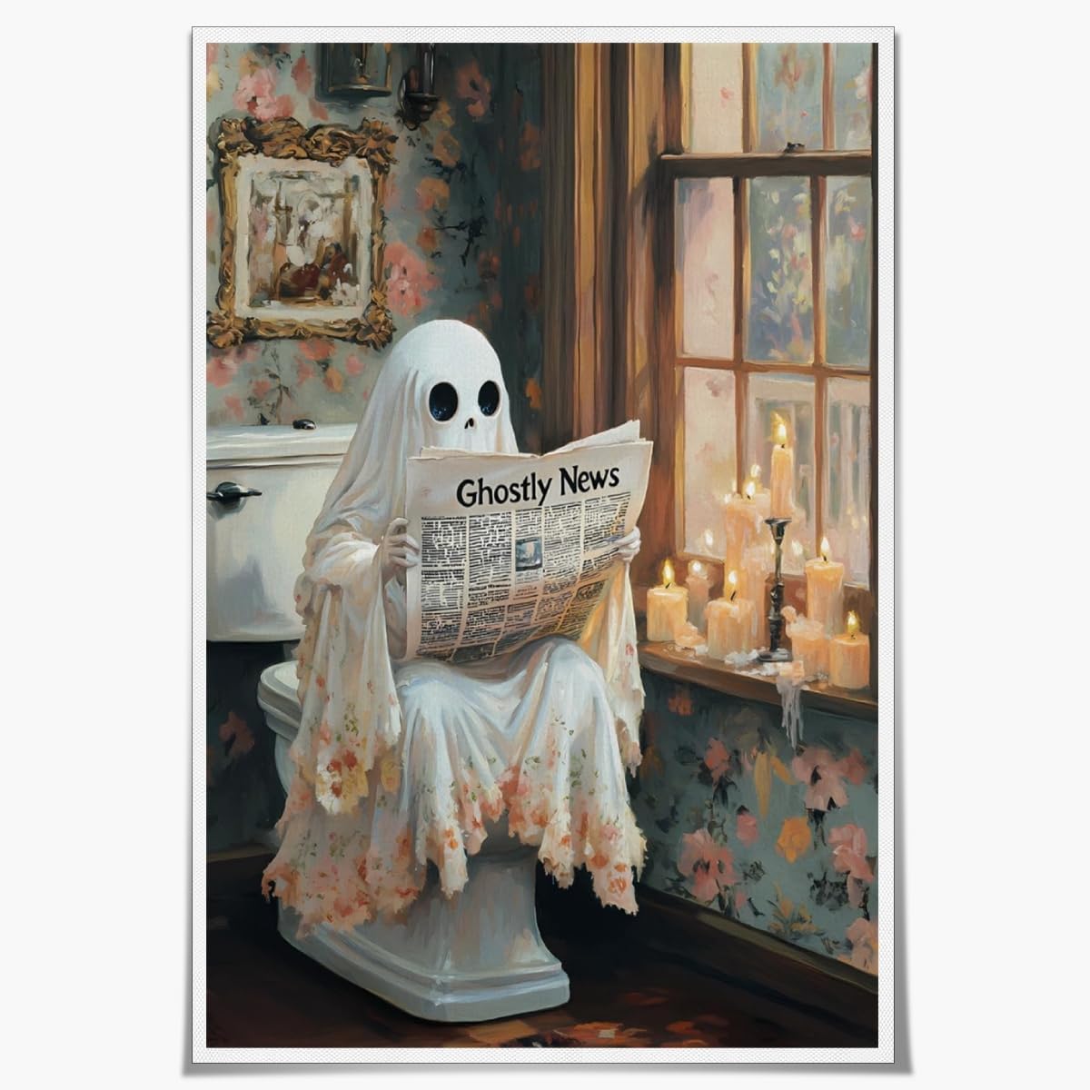 Funny Halloween Ghost Bathroom Wall Art Ghost Reading Newspaper on Toilet Canvas Poster Whimsical Dark Academia Pictures Print for Goth Home bathroom Toilet Decor Aesthetic 12x16inch Unframed