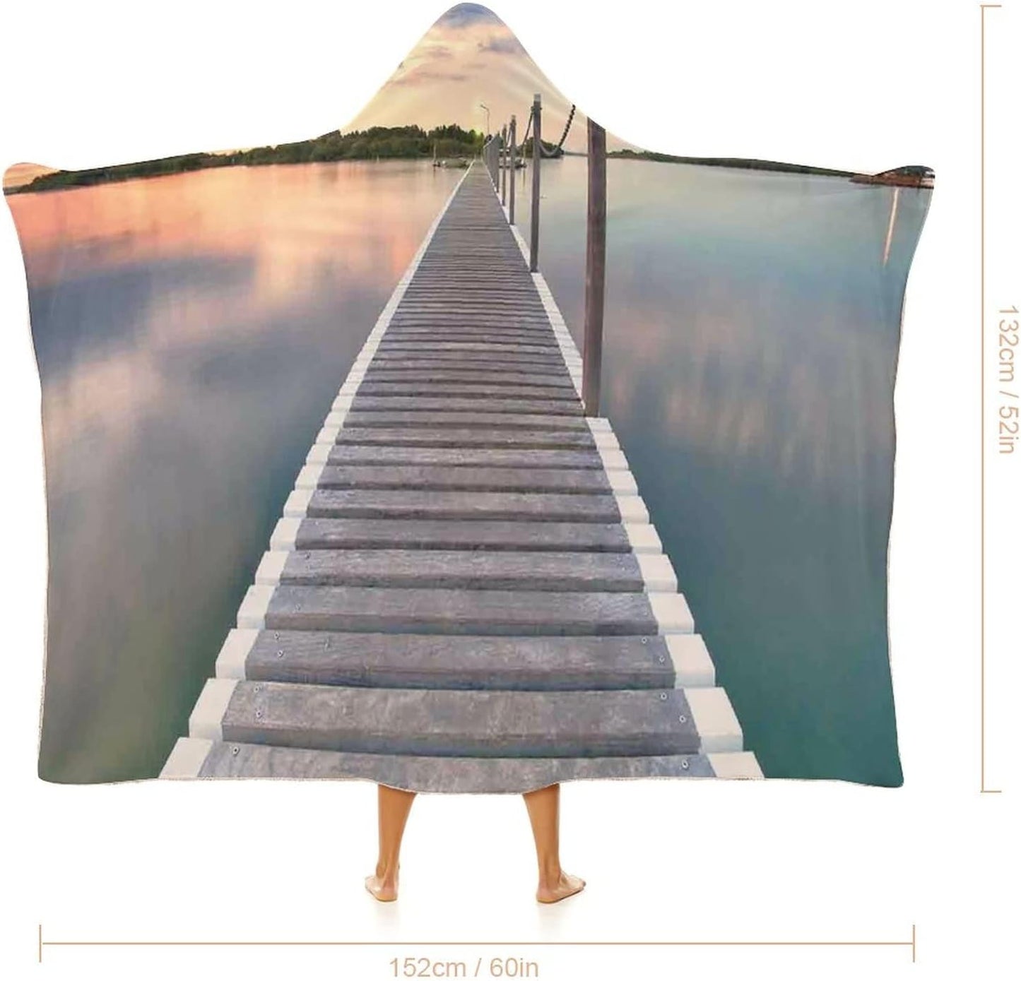 Throw Blankets, Ocean Wearable Hooded Blanket for Adults, Pontoon Jetty Pier Deck Across The Water at, Soft Warm Cozy, 50 x 60inches, Studying Reading Snuggling Napping Office, Aqua Grey Peach