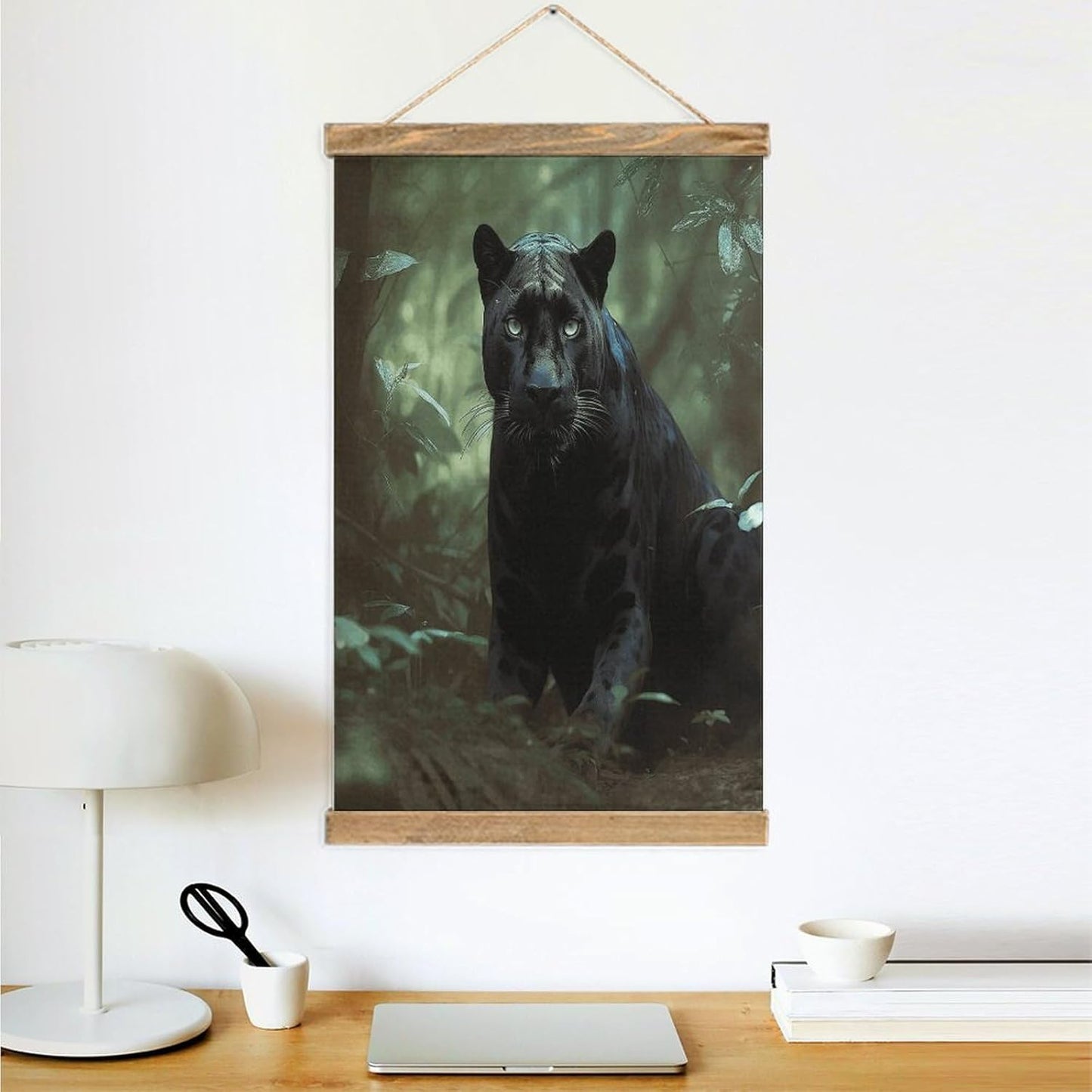 Vintage Forest Panther Poster with Wooden Frame Personalized Linen Hanging Scroll Painting Rustic Wall Hanging Illustrative Modern Artwork Decor for Home Living Room Bedroom Office