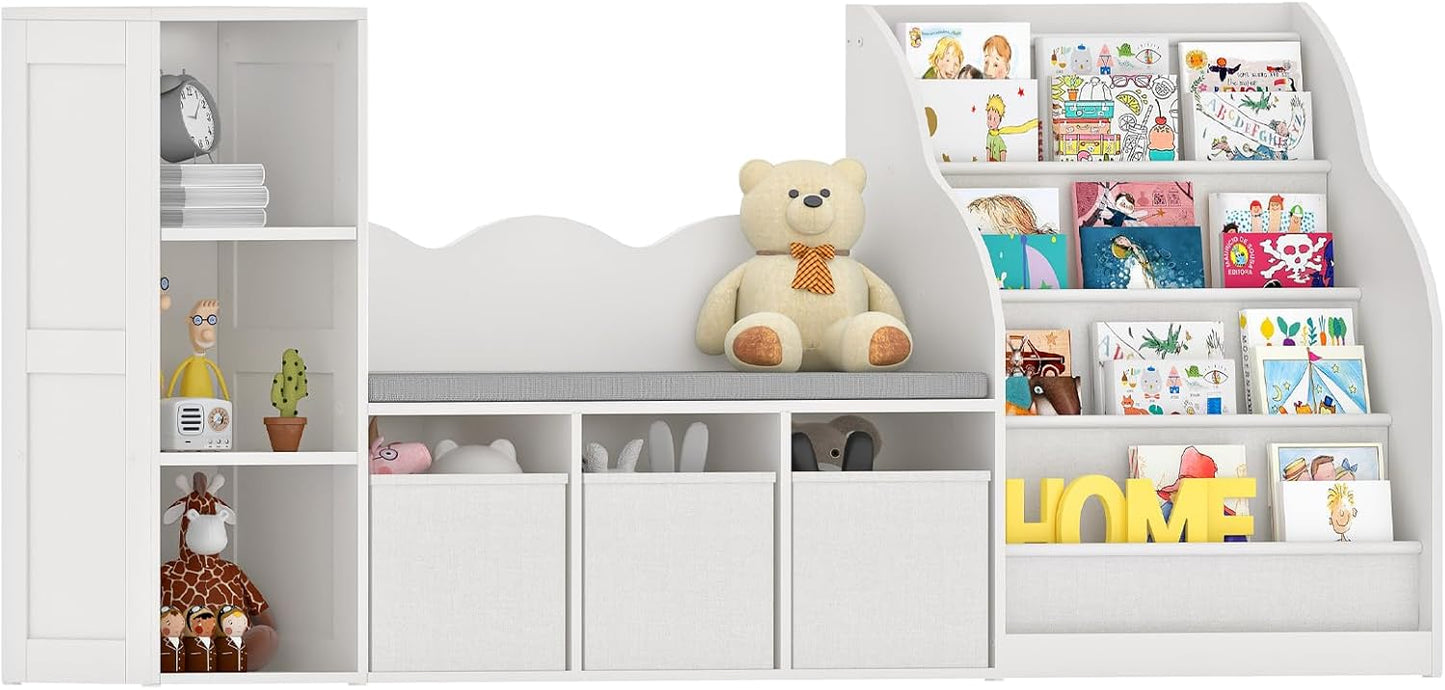 66.9" Kids Bookshelf with Reading Nook, 3-in-1 Kids Bookcase with Cushion and Sling Shelf, Toy Chest Storage with Fabric Drawers, Reading Nook for Kids, for Playroom, Nursery, White MCW08WB