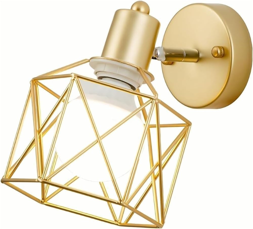 Farmhouse Wall Lamp with Iron Cage Shade E26/E27 Base for Bedroom Bedside Rustic Industrial Sconce Lighting Fixture Living Room Hallway(Gold)