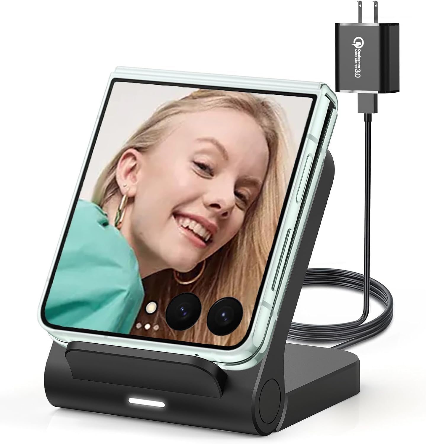 Geyo Wireless Charger for Samsung Galaxy Z Flip, 15W Fast Wireless Charging Stand, Compatible with Z Flip 7/6/5/4, for Motorola Razr/Razr+/Razr Ultra 2025, Non-Fold (QC3.0 Adapter Included) Black