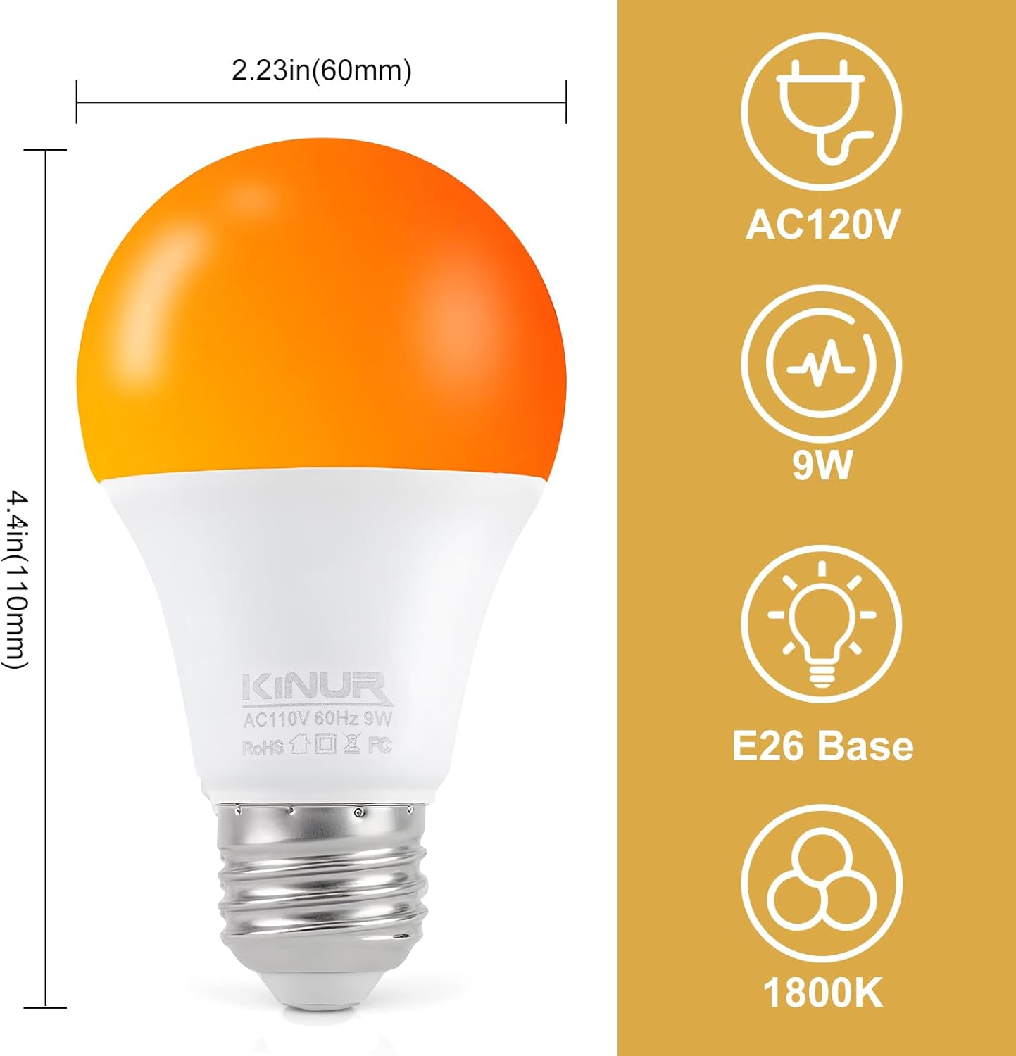 KINUR LED Amber Light Bulbs, A19 9W(60W Equivalent) 1800K E26 A19 Amber Soft Light Bulbs Warm Light for Bedroom, Healthy Sleep, Turtle Friendly Light 4 Pack