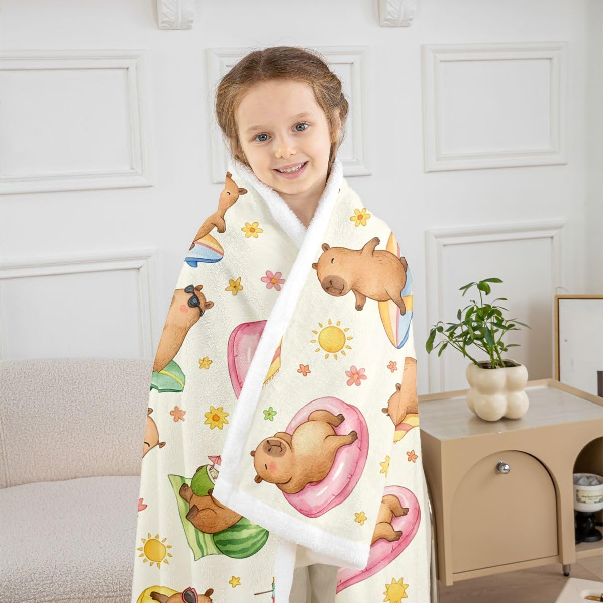 Feelyou Capybaras Sherpa Throw Blanket for Couch Beach Theme Super Soft Cozy Fleece Watermelon Blanket for Winter, Plush Throw Capybara Gifts Throw 50"x60" All Season
