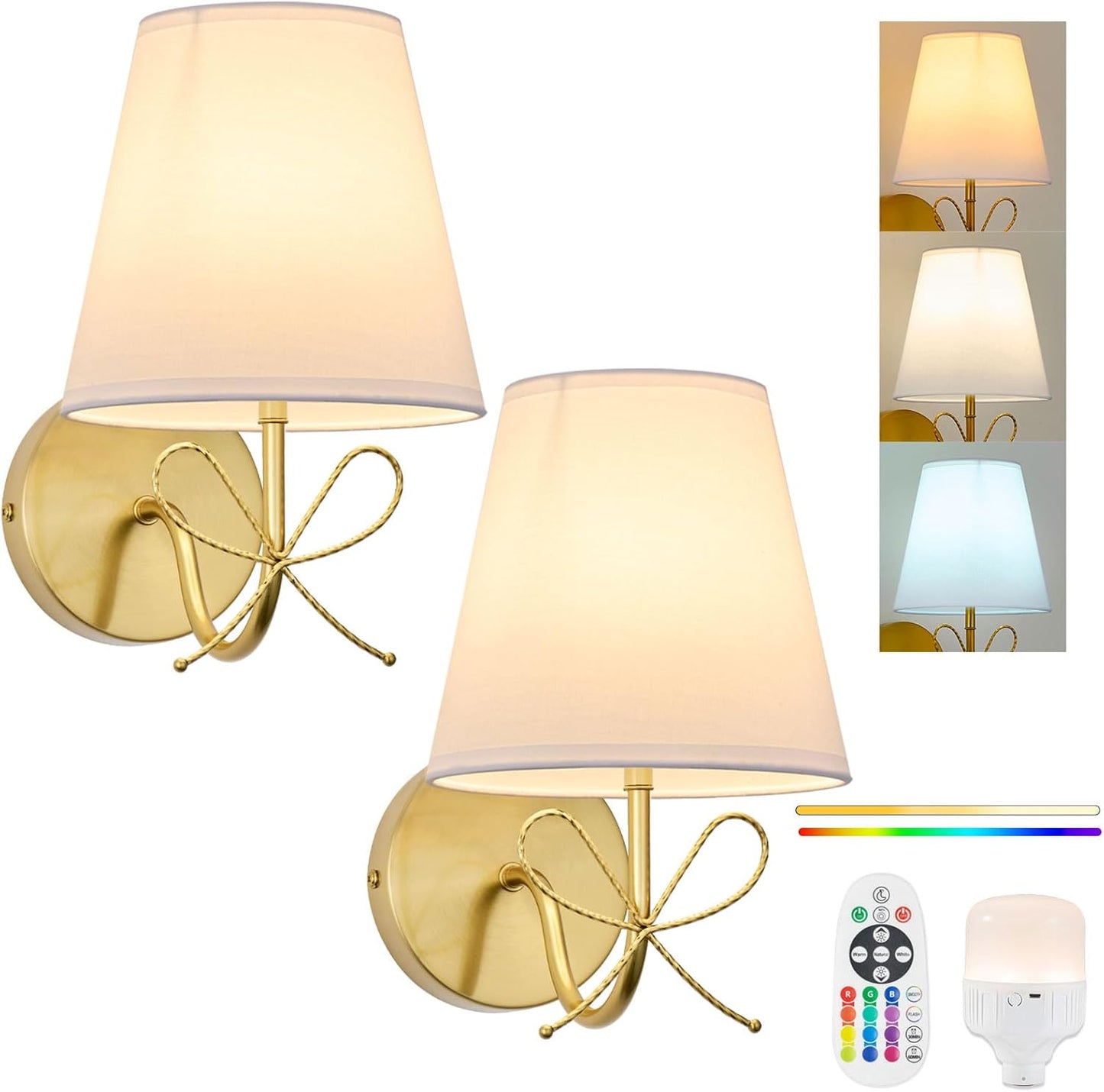 PASSICA DECOR Bow Wireless Battery Operated Wall Sconce Set of 2, Rechargeable Dimmable LED Lights with 15 Colors, Timer, Remote Control,Bow Lamp for Girls Rooms,Bedroom Living Room