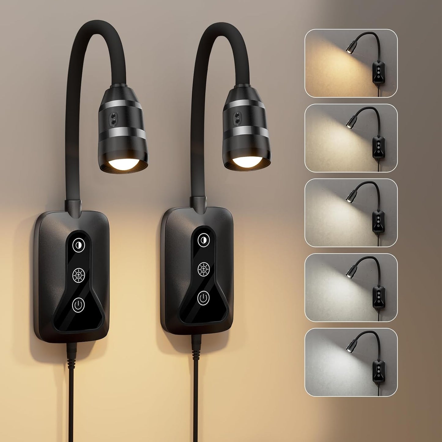 2 Pack Wall Mounted Headboard Reading Light, LED Dimmable Touch Control, Ideal for Bedside, Office, or Reading (Black)
