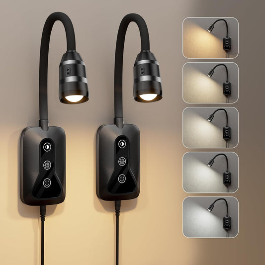 2 Pack Wall Mounted Headboard Reading Light, LED Dimmable Touch Control, Ideal for Bedside, Office, or Reading (Black)
